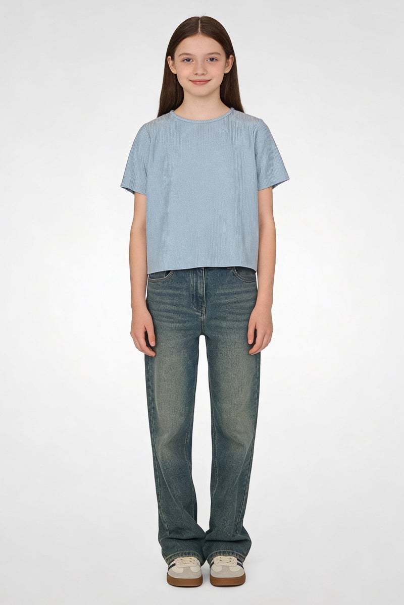 guppy Kids Girl Metallic Short Sleeve Top, Dusty Blue - Image 1